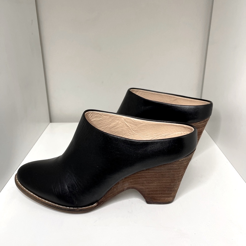 Kelsi Dagger leather, black, wooden heeled mules. Size 7